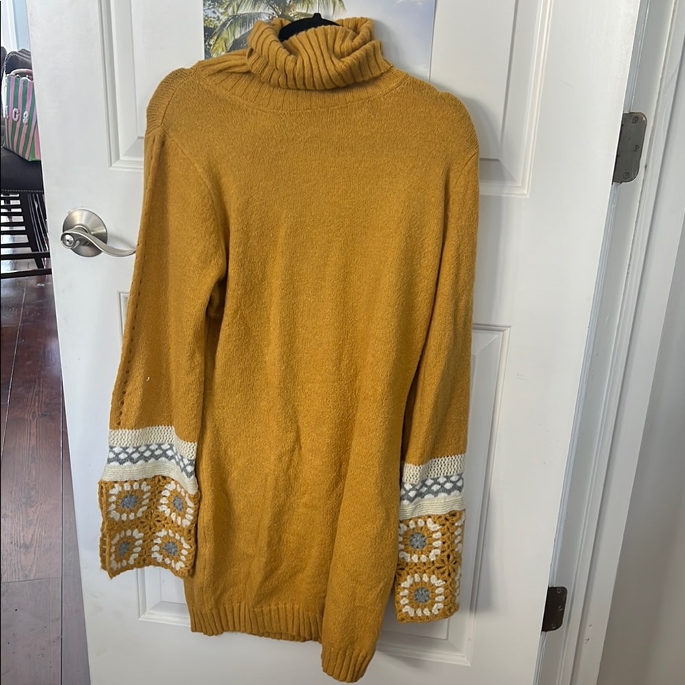 Mustard Yellow Turtleneck Sweater with Crochet Details